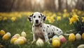 puppy in the grass An adorable Dalmatian puppy sitting in a grassy meadow, with Easter eggs