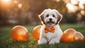 puppy in the grass A cheerful Havanese puppy wearing a tiny orange bow tie, sitting on a grassy knoll, Royalty Free Stock Photo