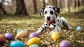 puppy in the grass A playful Dalmatian puppy sitting amidst a comical mess of spilled paint and Easter eggs