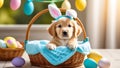 A puppy in a hair holder with bunny ears in a basket with colorful Easter eggs. Royalty Free Stock Photo