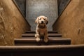 puppy hesitating at bottom of staircase