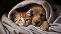 a puppy hugs a kitten. Pets sleep together. Generative AI