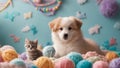 puppy and a kitten An adorable assembly of a puppy and kitten, playing amidst a pile of soft toys and colorful yarn balls