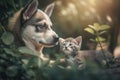 a puppy and a kitten are in the grass together, one is looking at the camera Royalty Free Stock Photo