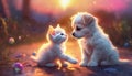 A puppy and kitten looking at each other Royalty Free Stock Photo