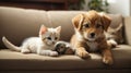 Puppy and kitten playing on a sofa