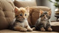 Puppy and kitten playing on a sofa