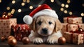 A puppy Labrador Retriever dog wearing a red Christmas Santa hat, Generative AI Royalty Free Stock Photo