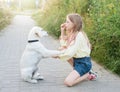 Puppy labrador retriever and little girl Royalty Free Stock Photo