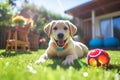 puppy labrador with toy in the backyard, ai generated