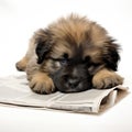 A cute puppy resting on a newspaper