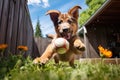 puppy learning to fetch a ball in a backyard