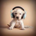 Puppy listens music in headphones. Relax. AI generated