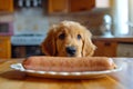 Puppy Love in the Kitchen: Golden Retriever and the Sausage Temptation. Royalty Free Stock Photo