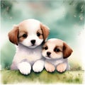 Puppy Love x 2 - Two Adorable Watercolor Pups. AI Generated Royalty Free Stock Photo