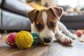 Puppy lying on carpet in living room and playing with pet toy. Little cute joyful dog playing at home with colorfull toys Royalty Free Stock Photo