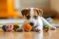 Puppy lying on carpet in living room and playing with pet toy. Little cute joyful dog playing at home with colorfull toys Royalty Free Stock Photo