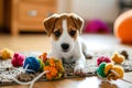 Puppy lying on carpet in living room and playing with pet toy. Little cute joyful dog playing at home with colorfull toys Royalty Free Stock Photo