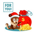 New year or Christmas greeting card with dog, bag and pile of gold coins Royalty Free Stock Photo