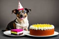 Puppy party time with a delicious cake. Generative AI