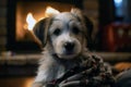 Puppy In Plaid With Defocused Fireplace In Background. Generative AI