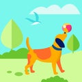 Puppy Playing Ball Outdoors Flat Illustration