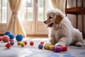 puppy playing with chew toys on living room floor