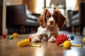 puppy playing with chew toys on living room floor