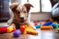 puppy playing with colorful chew toys on floor
