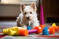 puppy playing with colorful chew toys on floor