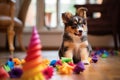 puppy playing with colorful chew toys on floor