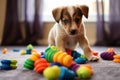 puppy playing with colorful chew toys on floor