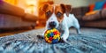 A puppy playing with a toy in a domestic living room, running and jumping around with a cheerfu Royalty Free Stock Photo