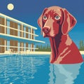 Puppy in a pool. Illustration of dog on vacation at swimming pool.