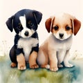 Puppy Power x 2 - Two Spirited Watercolor Pups. AI Generated