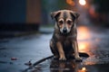 Puppy in the rain on a rainy day. Cute puppy, Stray homeless dog, Sad abandoned hungry puppy sitting alone in the street under Royalty Free Stock Photo