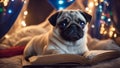 puppy reading a book A downcast pug puppy gazing out from a whimsical tent made of blankets and fairy lights,