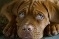 Puppy's pensive look up. Beautiful muzzle of a thoroughbred dog. Bright red french mastiff puppy, background Royalty Free Stock Photo