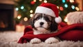 puppy in santa claus hat A cozy Christmas scene with a fluffy Havanese puppy dog wearing a tiny Santa hat, Royalty Free Stock Photo