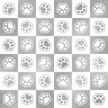 Puppy seamless pattern. Repeating pattern paw pets, dog or cat. Silver paws. Pet prints. Repeated animal background. Foot tracking