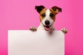 Puppy shows a sheet of paper with, standing on a plain pink background