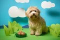 Puppy sits next to Easter eggs on green paper decoration