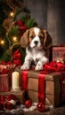 A puppy sitting on top of a pile of presents, AI