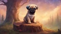 puppy sitting on a tree stump Very cute sad looking pug puppy on a tree stump