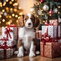 Puppy surrounded by gift boxes near christmas tree Royalty Free Stock Photo