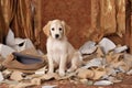 puppy surrounded by remnants of a destroyed slipper Royalty Free Stock Photo