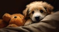 Puppy with teddy bear on brown bedding