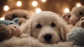 puppy with a toy A slumbering puppy wrapped in a fluffy cloud blanket, surrounded by a circle of sleeping stuffed animals Royalty Free Stock Photo