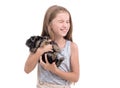 Puppy york and little girl Royalty Free Stock Photo