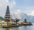 Pura Ulun Danu Bratan, Bali. Hindu temple surrounded by flowers on Bratan lake, Bali. Major Shivaite water temple in Royalty Free Stock Photo